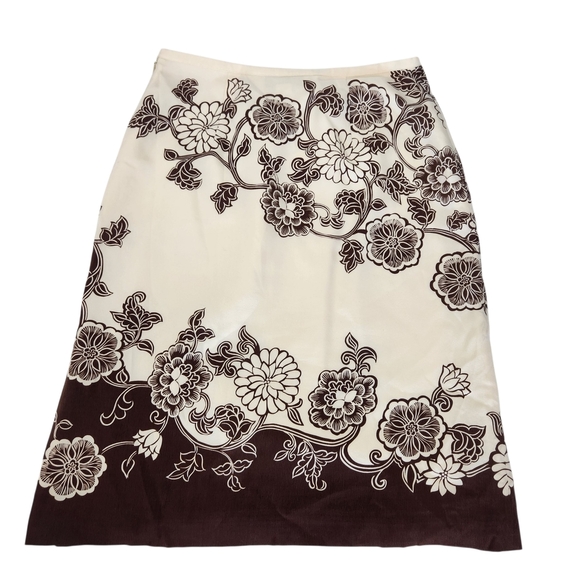 Floral Print Women's Silk Skirt - Cream and Brown Size 2 Vintage - Picture 1 of 10